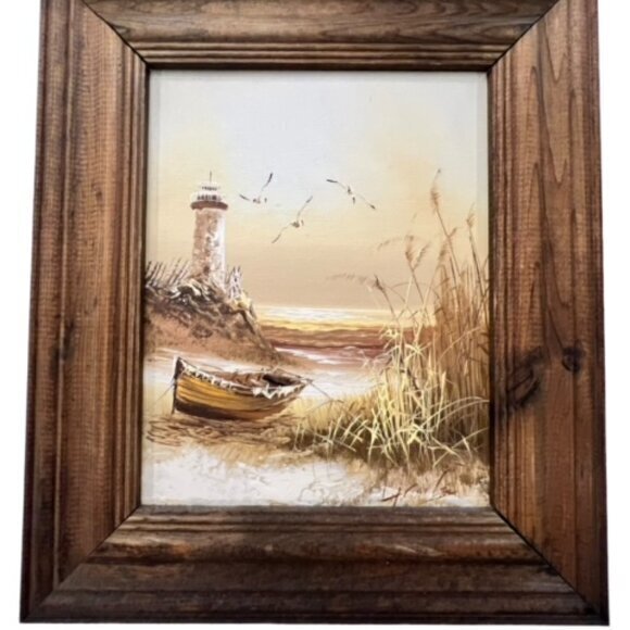 🎉SALE🎉 Framed Oil Painting Coastal Lighthouse‎ Seascape Beach Scene Signed - Picture 2 of 11
